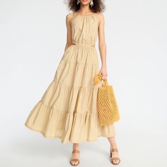 J Crew Dress Side Cut Out Midi Tiered Neutral Tan Tie Shoulders Size Small - Picture 1 of 5